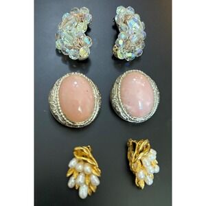 Vintage 80s Clip On Earrings 3 Pair  Crystal Pink Stone Faux Pearl‎ Cluster
